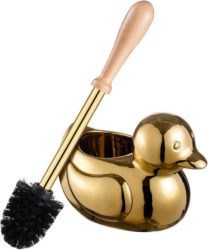 Gold Duck Toilet Brush and Holder SetNon-Slip Handle Toilet Bowl Brush with Wooden &amp Stainless SteelHandle Practical Bathroom Accessories Cleaning Tools Set