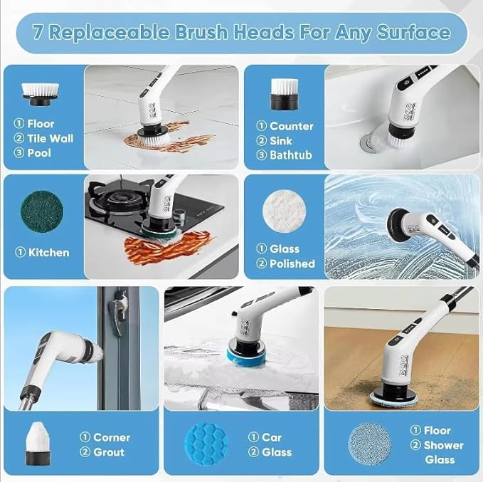 7-in-1 Electric Spin Scrubber with Long Extendable Handle Cordless Cleaning Brush Power Scrubber with 7 Replaceable Brush Heads for Floor TileBathroomShower BathtubGlassCar