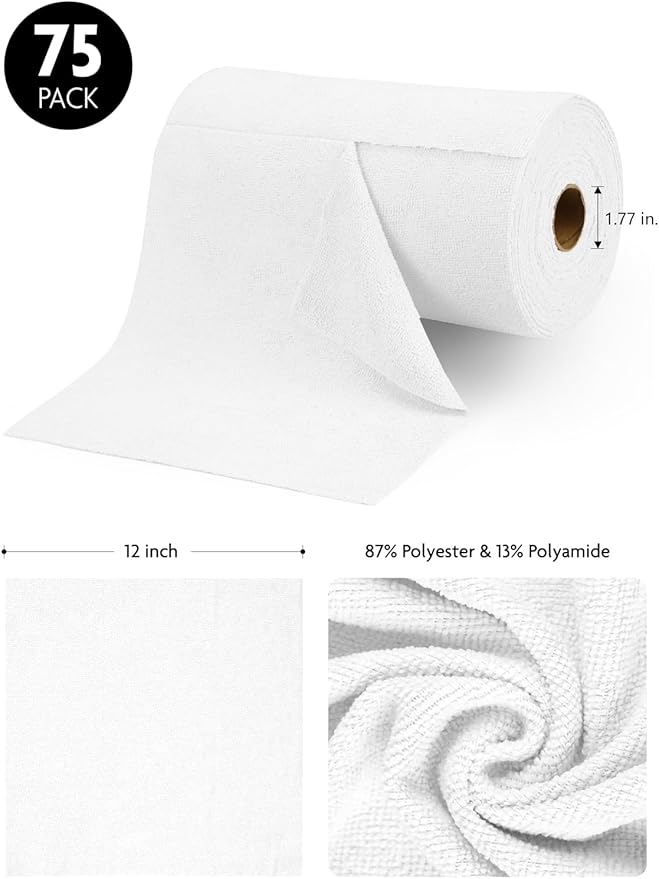 Fantasticlean Microfiber Cleaning Cloth Roll -75 Pack Tear Away Microfiber Towels 12 x 12 Reusable Washable Scratch Free Ultra Absorbent Dishcloth for All-Around Cleaning Supplies (White)