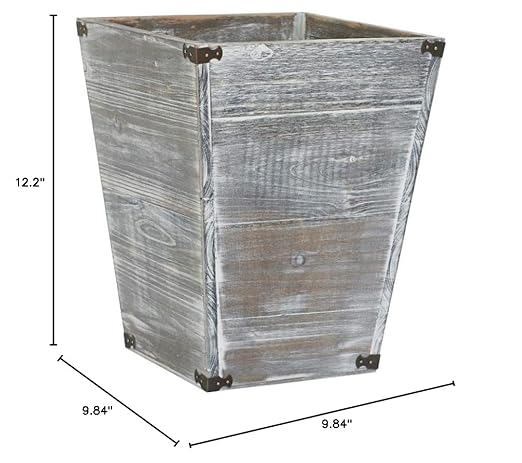 VERGOODR Gray Farmhouse Style Torched Wood Square Waste Bin with Decorative Metal Brackets Trash Can for BedroomLiving Room Bathroom &amp Office