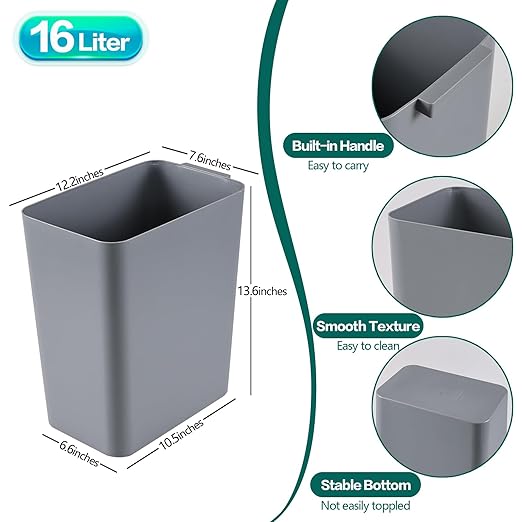 Gloreen 16 L Plastic Rectangle Trash Bins 3 Pack Open Top Garbage Cans Grey