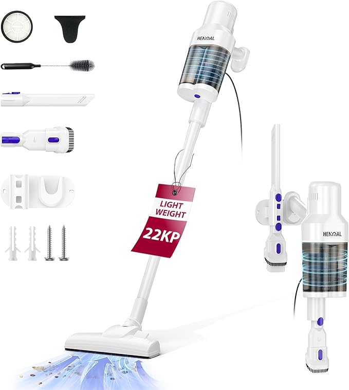 Corded Electric Vacuum Cleaner H01600W 22KPA Full-Size Stick Cleaner with 800ML Dual-Layer Cyclone Dust CupHEPAFiltrationLightweight&ampLow Noise for HardFloorPetCarpets
