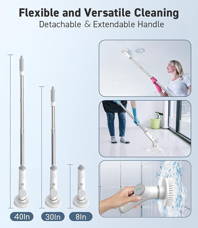 VEWIOR Electric Spin Scrubber Cordless Cleaning Brush with 3 Adjustable Angle 2 Speeds 3 Replaceable Brush Heads for Floor Bathroom Tub Tile Kitchen Window