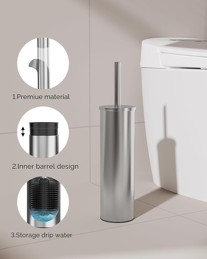 Toilet Brush and Holder Set Stainless Steel Toilet Bowl Brush with Lid Rust Proof Toilet Cleaner Brush with Caddy Durable Bristles Splash Proof Ideal for Bathroom (1 Pack Brushed Nickel)