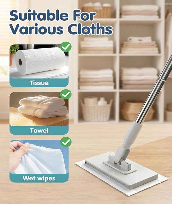 Disposable Dust Mop 28/36in No Wash Lazy Mop Wet and Dry Snap Grip Mini Mop 360° Zero Touch Mini Mops Convenient Automatic Cloth Changing Mops with 5 Reusable Cloths for Home (White 28in)