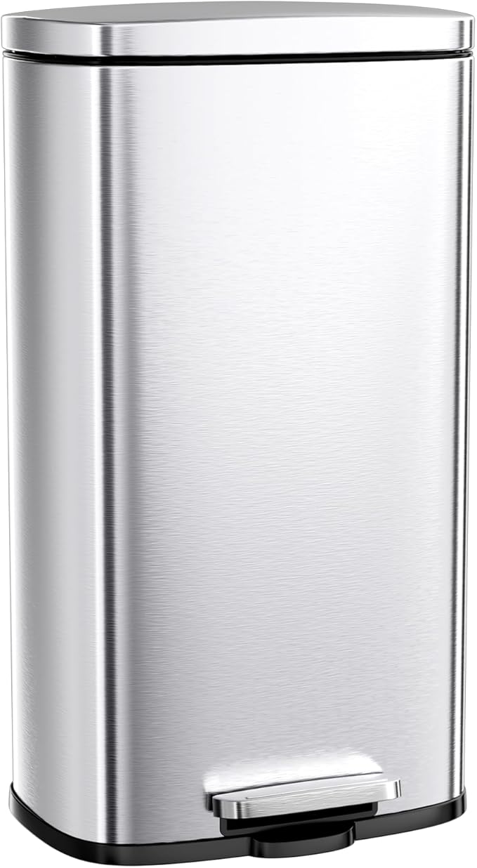 Arlopu 8 Gallon Step Trash Can Stainless Steel Garbage Bin Soft-Close Rubbish Bin with Removable Plastic Inner Bucket Fingerprint-Proof Lid Dustbin Suit for Kitchen Home (Silver 30L)