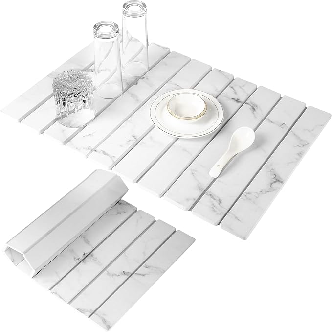 Large Stone Dish Drying Mats for Kitchen Counter 16(L)×12(W) Foldable Quick Dry Stone Dish Drying Mats Kitchen Absorbent Diatomaceous Earth Drying Stone Mat for Dishes Bottles Cups Marble White
