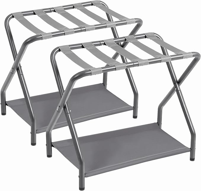 AMHANCIBLE Luggage Rack Set of 2 Foldable Suitcase Stands for Guest Room Metal Luggage Holder with Storage Shelf for Bedroom Hotel Easy Assemble HLR02GY