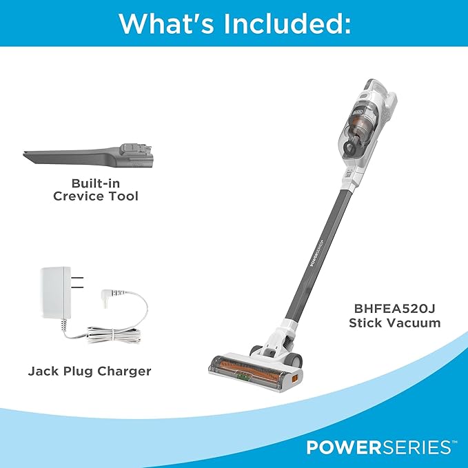 BLACK+DECKER POWERSERIES+ 20V MAX Cordless Stick Vacuum Cleaner with LED Floor Lights Bagless Lightweight Cordless Vacuum Cleaners for Home Up to 44 Minutes Powerful Suction Gray (BHFEA520J)