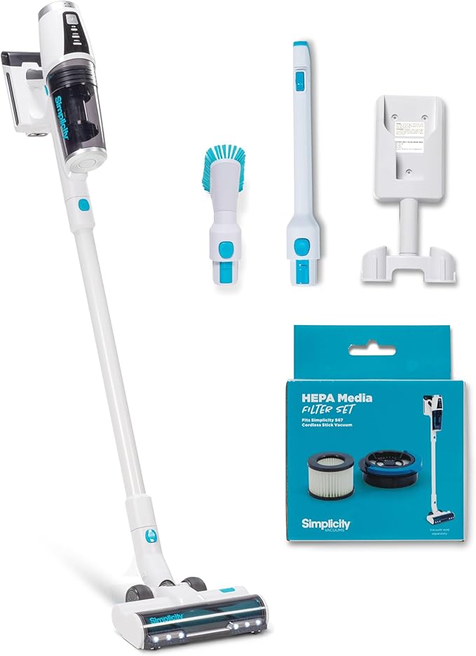 Simplicity Vacuums S67 Bundle Stick Cordless Vacuum Cleaner and SF67 HEPA Media Filter Set Powerful on Hardwood Floor and Carpet Rechargeable Lightweight Cleaner for Home Pet Hair