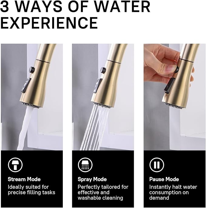 WEWE Gold Kitchen Faucet with Pull Down Sprayer Single Handle Brushed Gold Kitchen Sink Faucets Stainless Steel Brass Copper Commercial RV 1 or 3 Hole Champagne Bronze