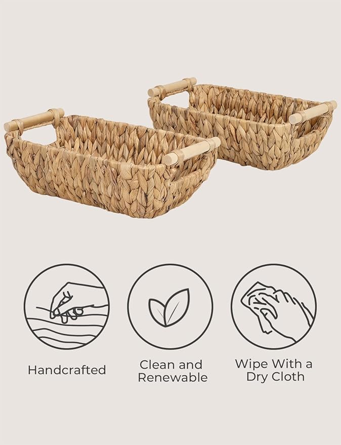 StorageWorks Hand-Woven Small Wicker Baskets Water Hyacinth Storage Baskets with Wooden Handles 2-Pack