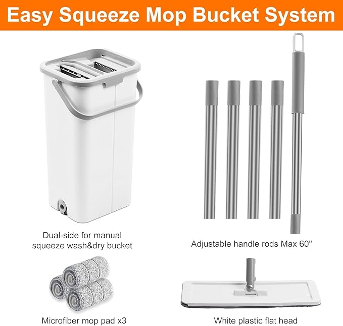 Flat Floor Mop and Bucket Set with Wringer Flat Mops for Floor Cleaning Wall Mop Cleaner with Long Handle Hardwood Floor Mop with 3 Microfiber Pads (F)