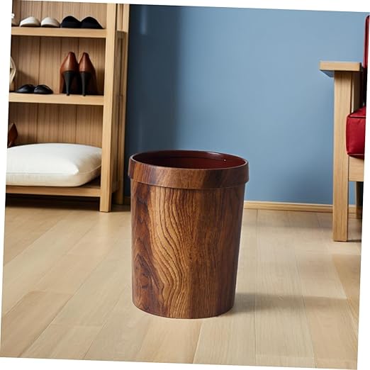 Healifty Vintage Style Plastic Wood Pattern Garbage Bin with Pressure Ring Wastebasket for Home Bedroom Bathroom and Office Space Saving Creative Container Design