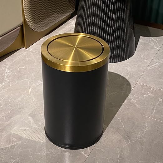9L/2.4GAL Black Bathroom Trash CanGold Small Trash Can with LidGarbage cans for Bathroom HotelOfficeLundryPowder Room (ＢＬＡＣＫ)
