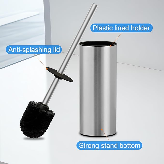 304 Stainless Steel Toilet Brush and Brush Holder Set Circular Floor Toilet Brush Holder Long Handle Bathroom Heavy-Duty Cleaner High-End Cylinder Wall2 Brush Head (Brushed) YIGUANXIN