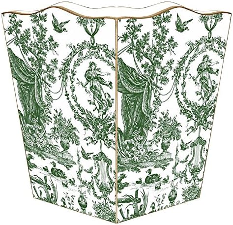 Marye-Kelley Green Toile Wastepaper Basket with Scalloped Top