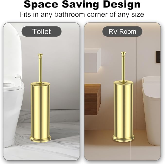 Gold Toilet Brush and HolderLong Handled Gold Toilet Brush for BathroomStainless Steel Heavy Duty Toilet Bowl BrushRemovable Inner BowlDeep Cleaning Dense Bristles Cleaner Brush -Space Saving