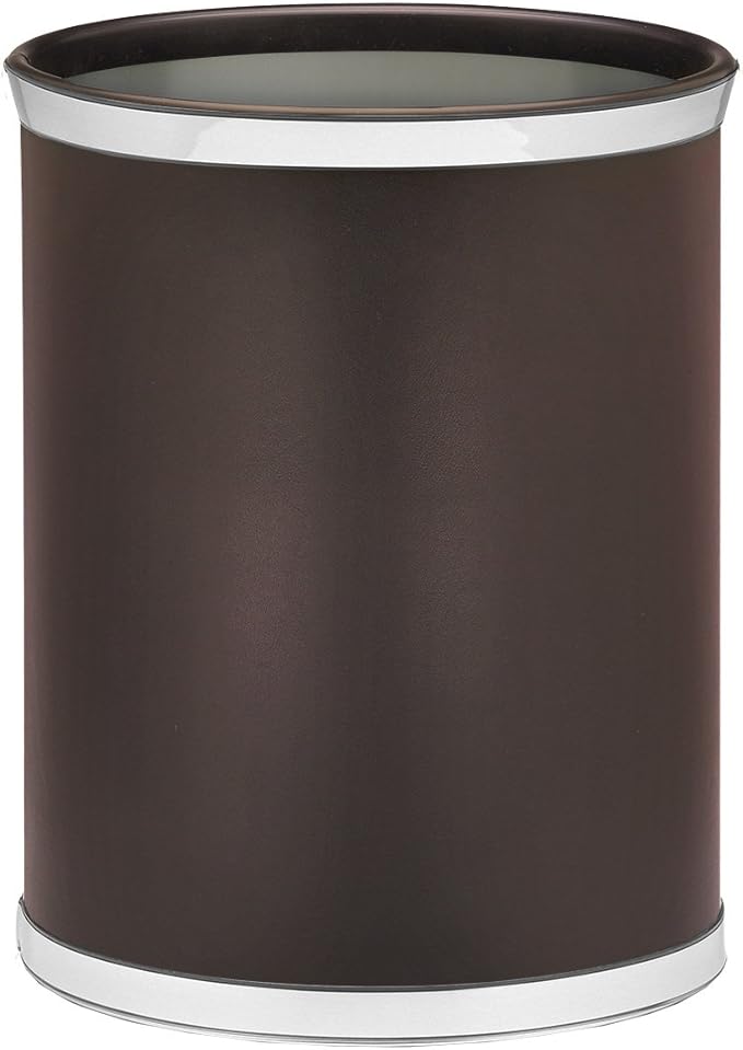 Kraftware Leatherette Wastebasket 14 Brown with Polished Chrome
