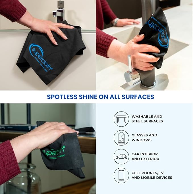 Supercloth® Premium Microfiber Cleaning Cloth for All-Purpose Lasts Over 5 YEARS Glasses Cleaning Cloth Microfiber Cleaning Cloth for Cars Magic Reusable Cloth Streak-Free 100% Made in Italy (3pk)