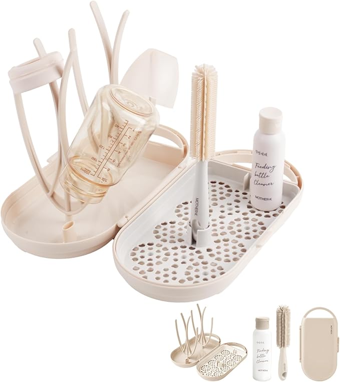 MOTHER-K Travel Baby Bottle Drying Rack Set - Baby Bottle Cleaner Kit with Mini Silicone Bottle Brush Portable Bottle Drying Rack for Home and Travel (Cream)