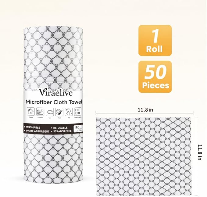 Microfiber Cleaning Cloth Roll 50-Count Reusable Durable No Streaks Absorbent Lint-Free Non-Scratch Easy Tear-Away Towels Dish Rags for Kitchen Home Car &amp Glasses White Waffle 12x12 in
