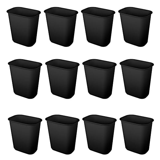Sterilite 5.5 Gallon Rectangular Wastebasket Easy to Clean Open Top Durable Home Kitchen Trash Bin Fits 8 Gallon Liner 12 Pack Black