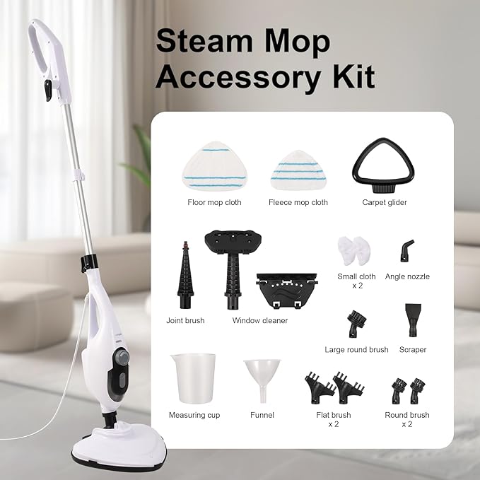 11-in-1 Steam Mop 1550W Powerful Handheld Steam Cleaner 260°F Multi-Functional Floor Steamer with 21.3FT Cord for Floors Hardwood Tiles Grout Windows Kitchen Bath Adjustable (White)