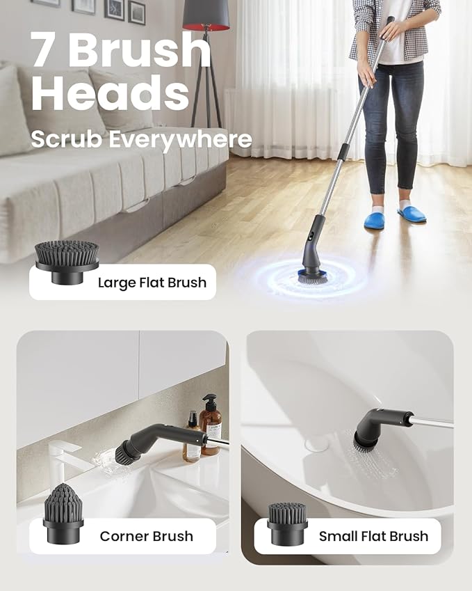 Electric Spin Scrubber Upgraded IPX7 Cordless Cleaning Brush for Bathroom Shower Household Cleaning Scrubber with 7 Brush Heads Adjustable Long Handle and 2 Rotating Speeds for Tub Floor