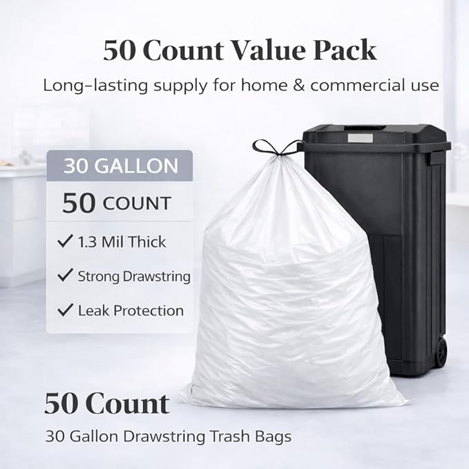30 Gallon Drawstring Trash Bags 50 Count 1.3 Mil Extra Strong White Large Garbage Bags Unscented Trash Liners for Kitchen Office &amp Everyday Yard Cleanup Fits 100-115L Cans