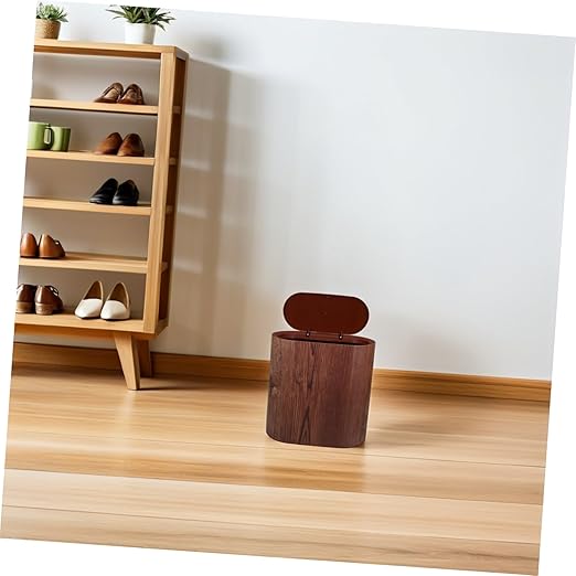Narrow Bathroom Trash Can with Lid Wood Grain Wastebasket for Kitchen Bedroom Office Odor-Resistant PP Garbage Bin for Small Spaces and Easy to Clean