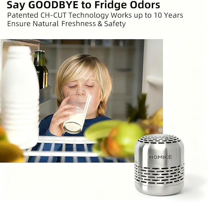 HOMIKE Refrigerator Deodorizer Odor EliminatorLast up to 10 Years for CarClosetShoes CabinetFridge and FreezerOutperforms Baking Soda and Activated Carbon(Stainless Steel)