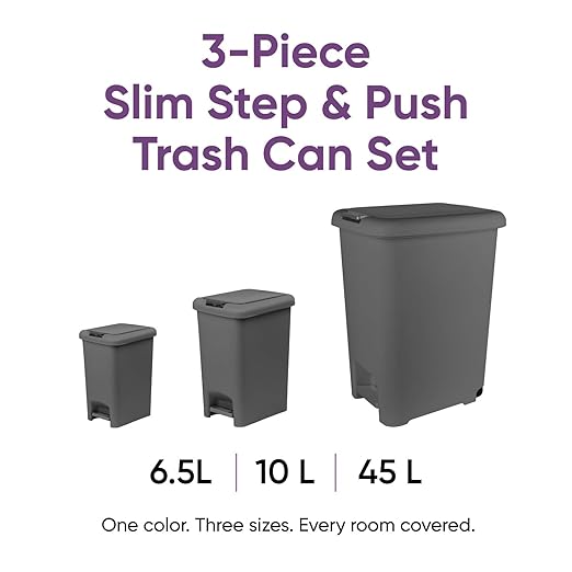 Superio 6.5L 10L and 48L Slim Step &amp Push Trash Cans - 3 Pack Dual Opening Smooth Matte Finish Durable Plastic - Grey