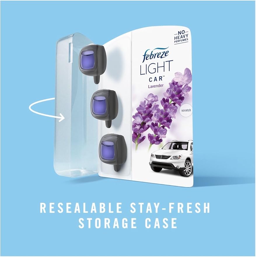 Febreze LIGHT Odor-Fighting Car Freshener Vent Clip Lavender 06 oz Pk of 3 and Storage Case Beige