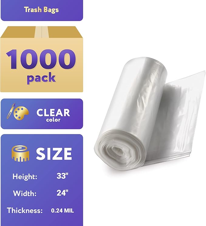 APQ Outdoor Trash Bags Large 24 x 33 Pack of 1000 Clear Trash Can Liners Thin 0.24 Mil Polyethylene Big Garbage Bags Unscented Leakproof Waste Basket Bags 12-16 Gallons Kitchen Waste Basket Liner