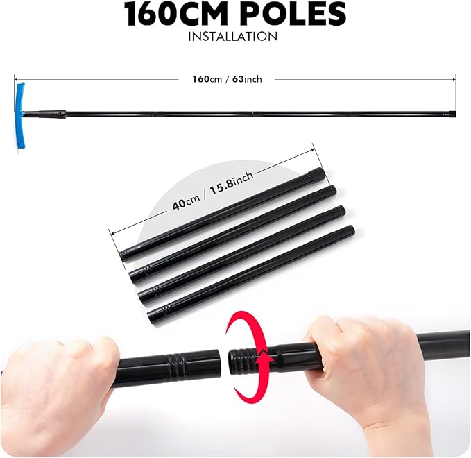 FOSHIO TPU Squeegee 10-Inch Blade with 4 Extension Poles (Extends up to 63 Inches) Anti-Slip Grip Handle Rubber Squeegee Streak-Free Cleaning for Car Windows Shower Doors Mirrors Glass
