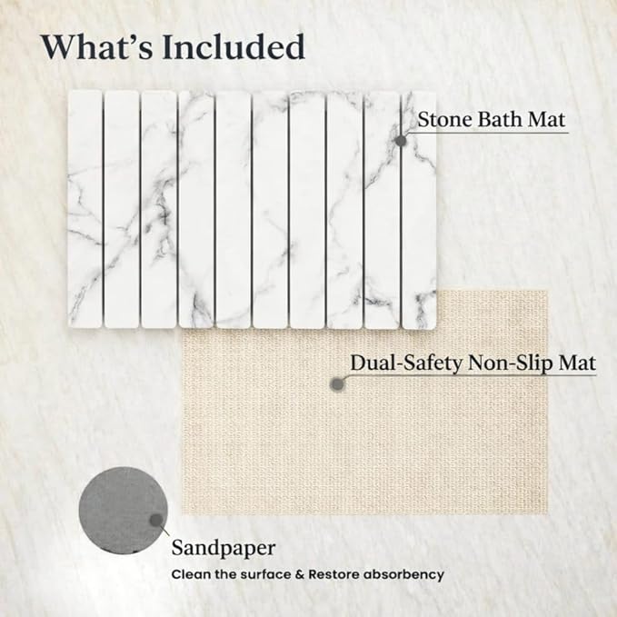 Premium Foldable Stone Bath Mat - Ultra Absorbent Quick Drying Compact Easy to Store &amp Clean Non-Slip Diatomaceous Earth Bath Shower Mat (Marble White)