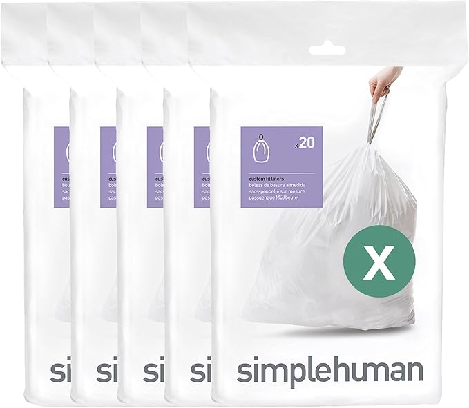 simplehuman Code X 100 Count Dispenser Pack Custom Fit Liners Drawstring Trash Bags 80 Liter / 21.1 Gallon White