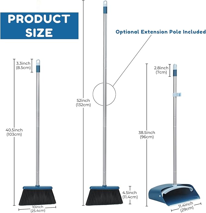 Standing Dustpan and Broom Set with 52 Long Extendable Handle for Home Indoor Kitchen Room Office Lobby Floor Cleaning
