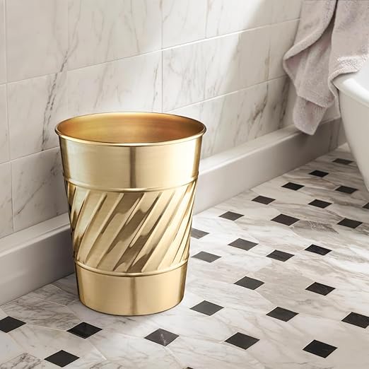 Monarch Abode Metal Bathroom Trash Can – Waste Basket for Bedroom Office Desk &amp Dorm Handcrafted Wave Embossed Durable Decorative Brushed Gold Small Trash Can Bathroom Garbage Bin Wastebasket