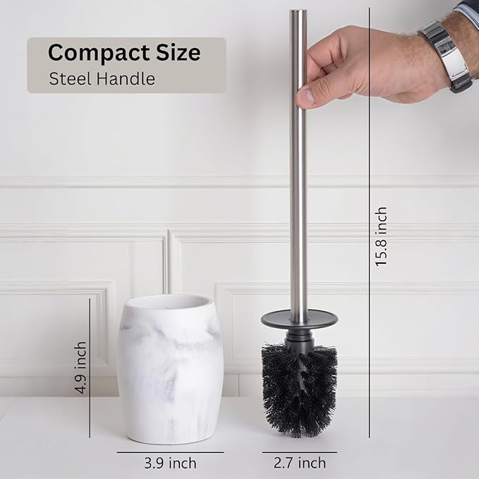 Toilet Bowl Brush and Holder with Stainless Steel Long Handle Toilet Scrubber Brush with Durable Base 360° Deep Cleaning Bristles for Bathroom Compact Set for Small Space (White)