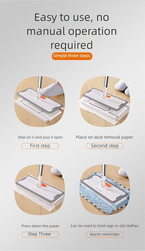 Snap Grip Mini Mop | Hands Free Cleaning Tool with 40 Pcs Disposable Dust Mops | Foot Tap Lock System | Ultra Thin 5cm Design for Kitchen House Wall Toilet Corners | Upgraded Stainless Steel Pole