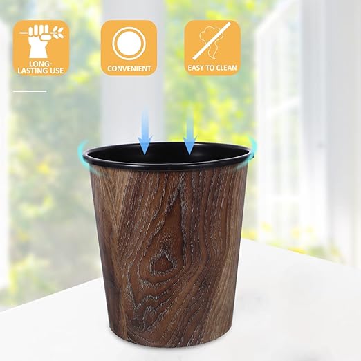 Wood Grain Trash can 1.8 Gallon Plastic Wastebasket Open Top Small Round Garbage Bin for Home Office Bathroom Living Room Imitation Wood Style