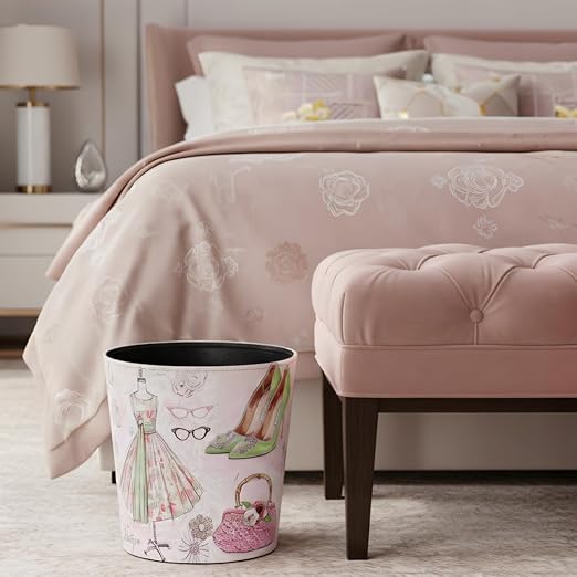 PU Leather Small Trash Can Wastebasket Round Garbage Container Basket for Bathrooms Laundry Room Kitchens Offices Kids Rooms BedroomsDormsHome Decorative Art Bin 2.9 Gallon(Fashion Style)