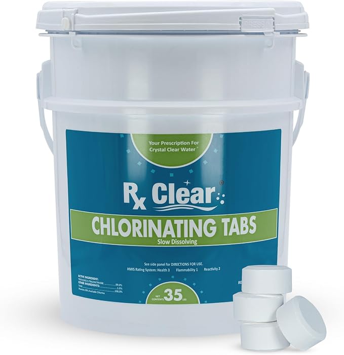 Rx Clear 1 Inch Chlorine Tabs | 35 Pounds | Use Tablets as Bactericide Algaecide &amp Disinfectant in Swimming Pools | Stabilized Long Lasting Slow Dissolving &amp UV Protected