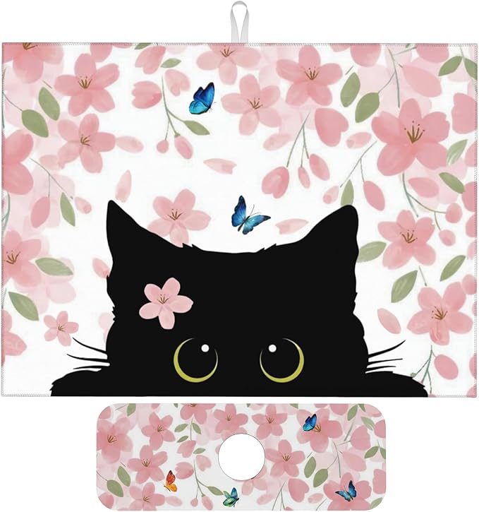 Flowers Black Cat Butterfly Dish Drying Mat for Kitchen Counter 18x24 Microfiber Absorbent Fast Dry Mat 2Pcs Dish Mat Faucet Mats Sets Large Drying Kitchen Mat Kitchen Drying Pad Coffee Bar Decor