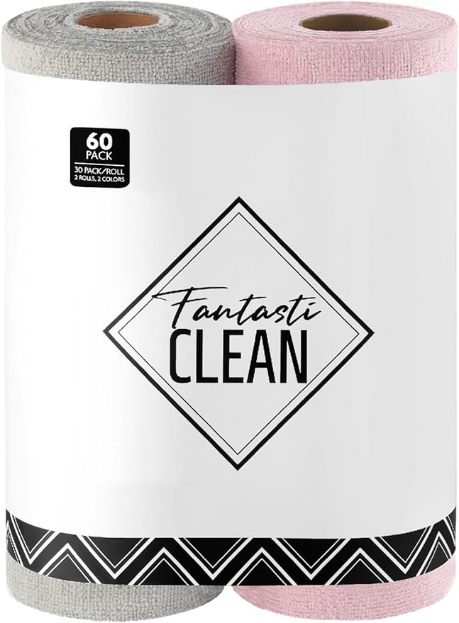 Fantasticlean Microfiber Cleaning Cloth Roll -60 Pack Tear Away Microfiber Towels 12 x 12 Reusable Washable Lint Free Ultra Absorbent Dishcloth for All-Around Cleaning (Pink &amp Grey)
