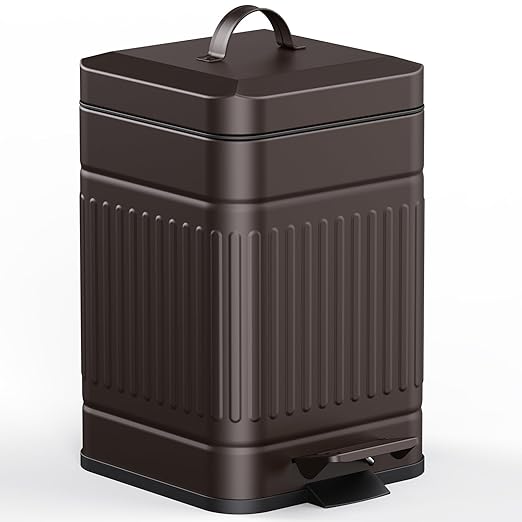 CEROELDA Small Trash Can with Lid-5L/1.3 GalStainless Steel Outdoor Dog Poop Garbage Can-Farmhouse Retro Metal Waste Bin w/Step Pedal for Bathroom Bedroom Office-Soft Close-Brown