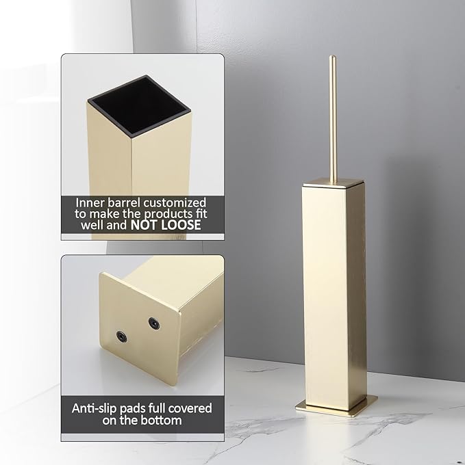BGL Toilet Brush with Holder Set Brushed Gold Aluminium Standing for Bathroom Toilet Bowl Cleaner Brush and Holder Set Square Design