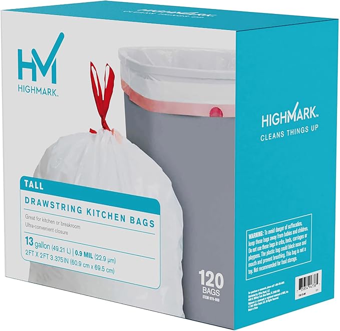 Highmark 0.9-mil Drawstring Trash Bags 13 Gallons White Box Of 120 DP848808